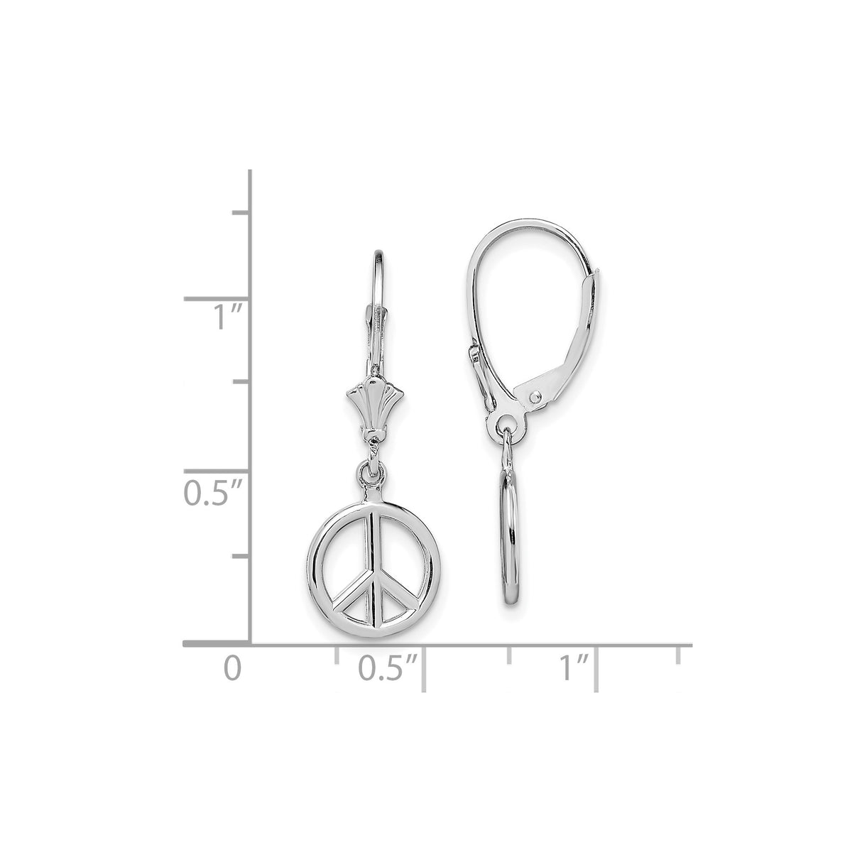 14k White Gold Dangle Earrings, Peace Sign Open Circle Design, Retro Boho Style for Women