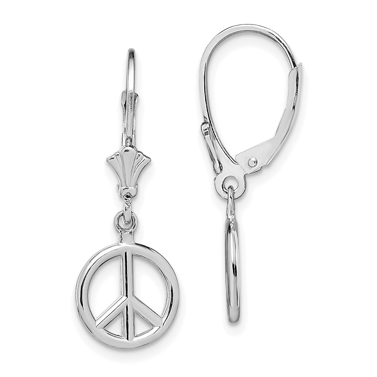 14k White Gold Dangle Earrings, Peace Sign Open Circle Design, Retro Boho Style for Women