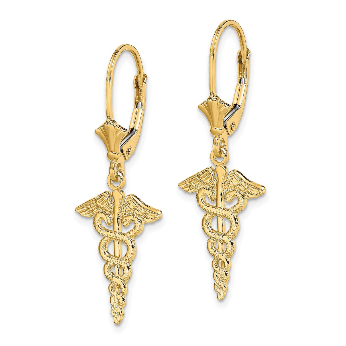 14k Yellow Gold Caduceus Dangle Earrings with Snake and Wings Symbol for Women