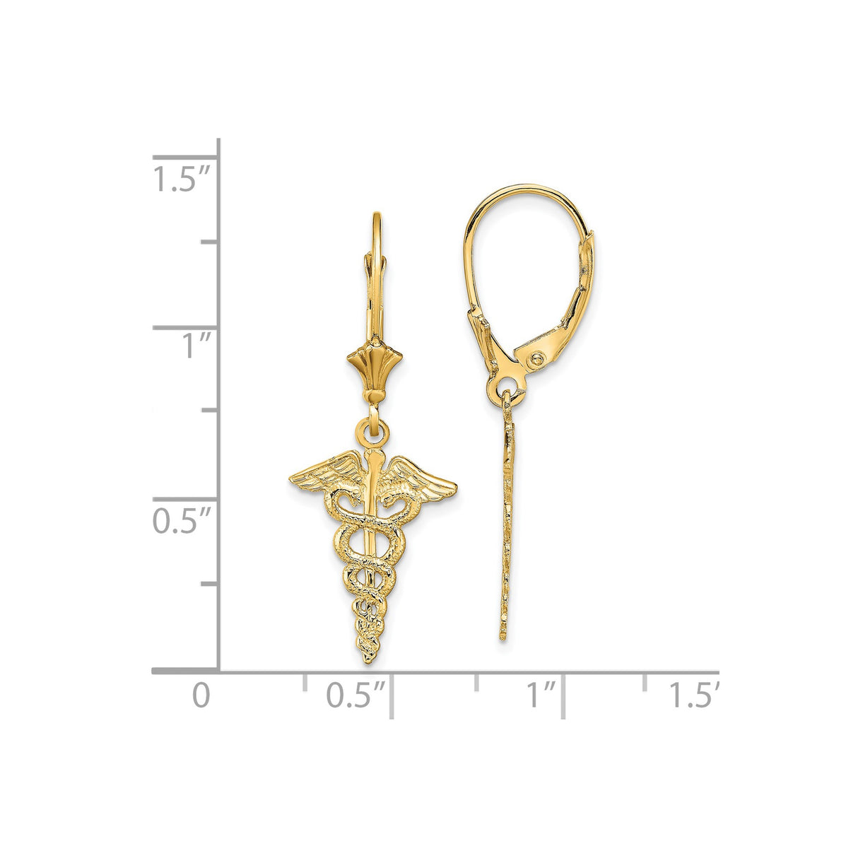 14k Yellow Gold Caduceus Dangle Earrings with Snake and Wings Symbol for Women