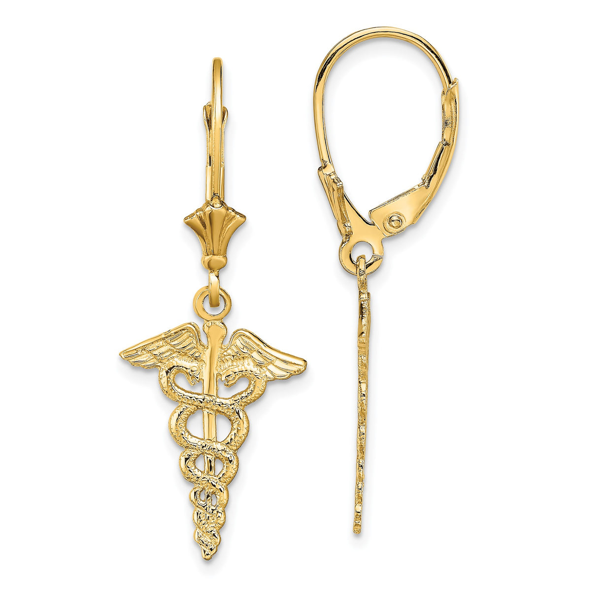 14k Yellow Gold Caduceus Dangle Earrings with Snake and Wings Symbol for Women