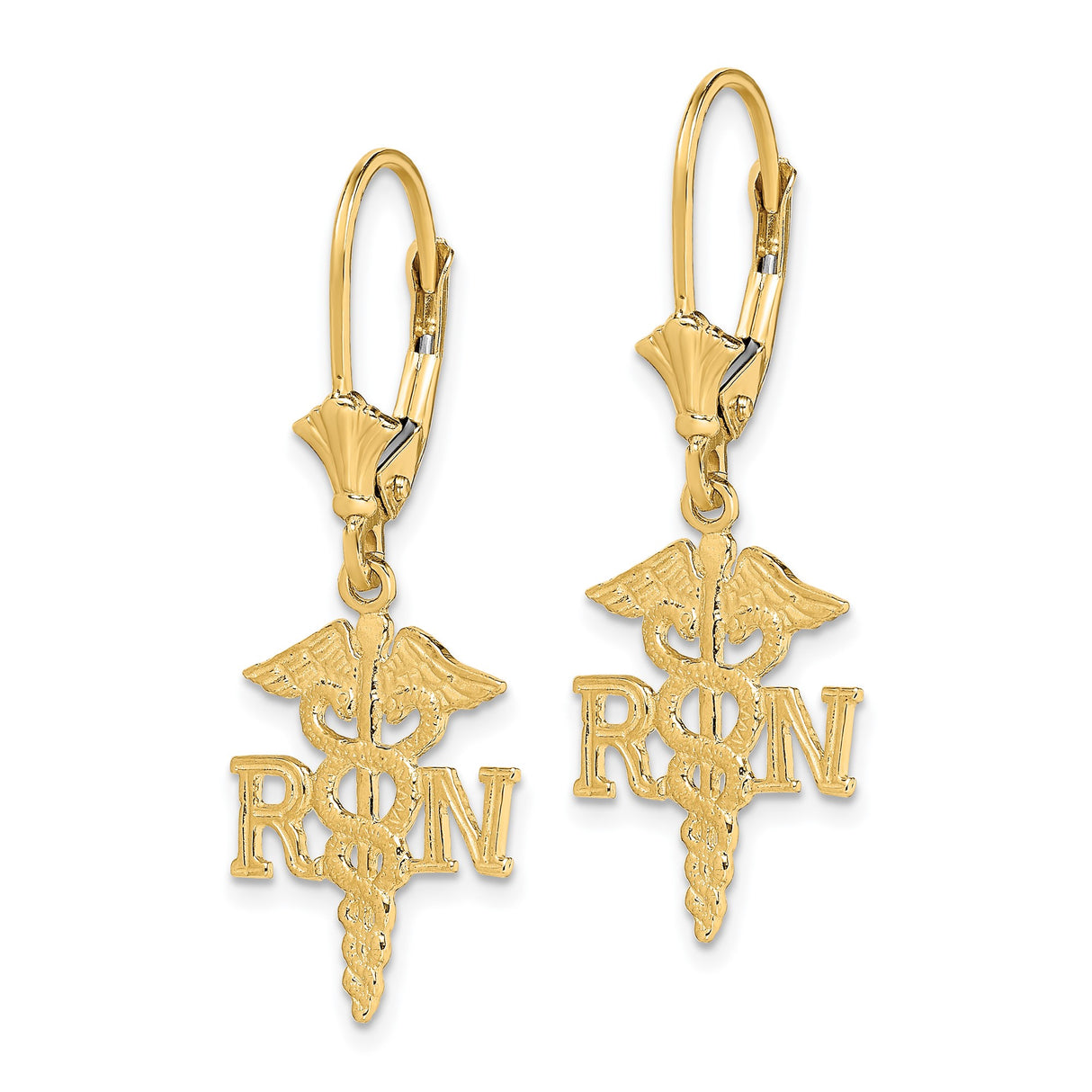 14k Yellow Gold Leverback Earrings with RN Caduceus Medical Symbol for Nurses