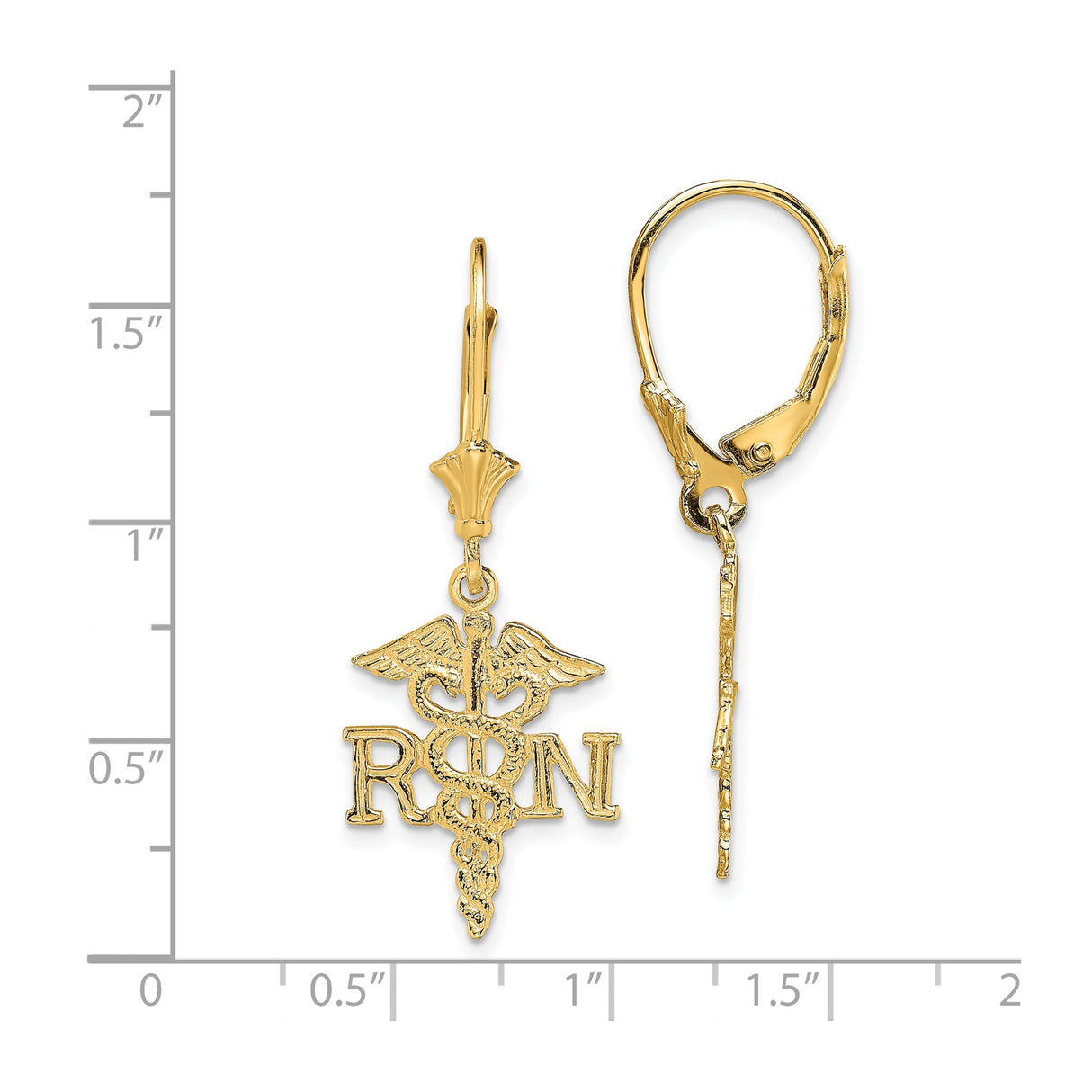 14k Yellow Gold Leverback Earrings with RN Caduceus Medical Symbol for Nurses