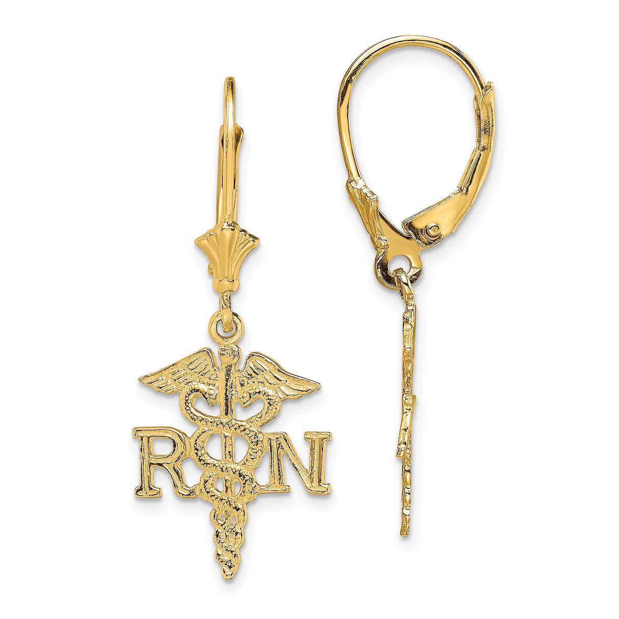 14k Yellow Gold Leverback Earrings with RN Caduceus Medical Symbol for Nurses