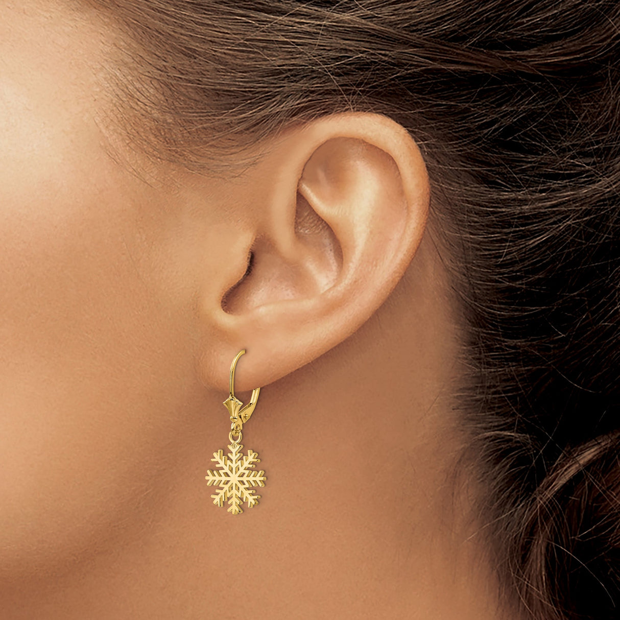 14k Yellow Gold Snowflake Drop Earrings, Leverback Dangle Winter Holiday Jewelry for Women