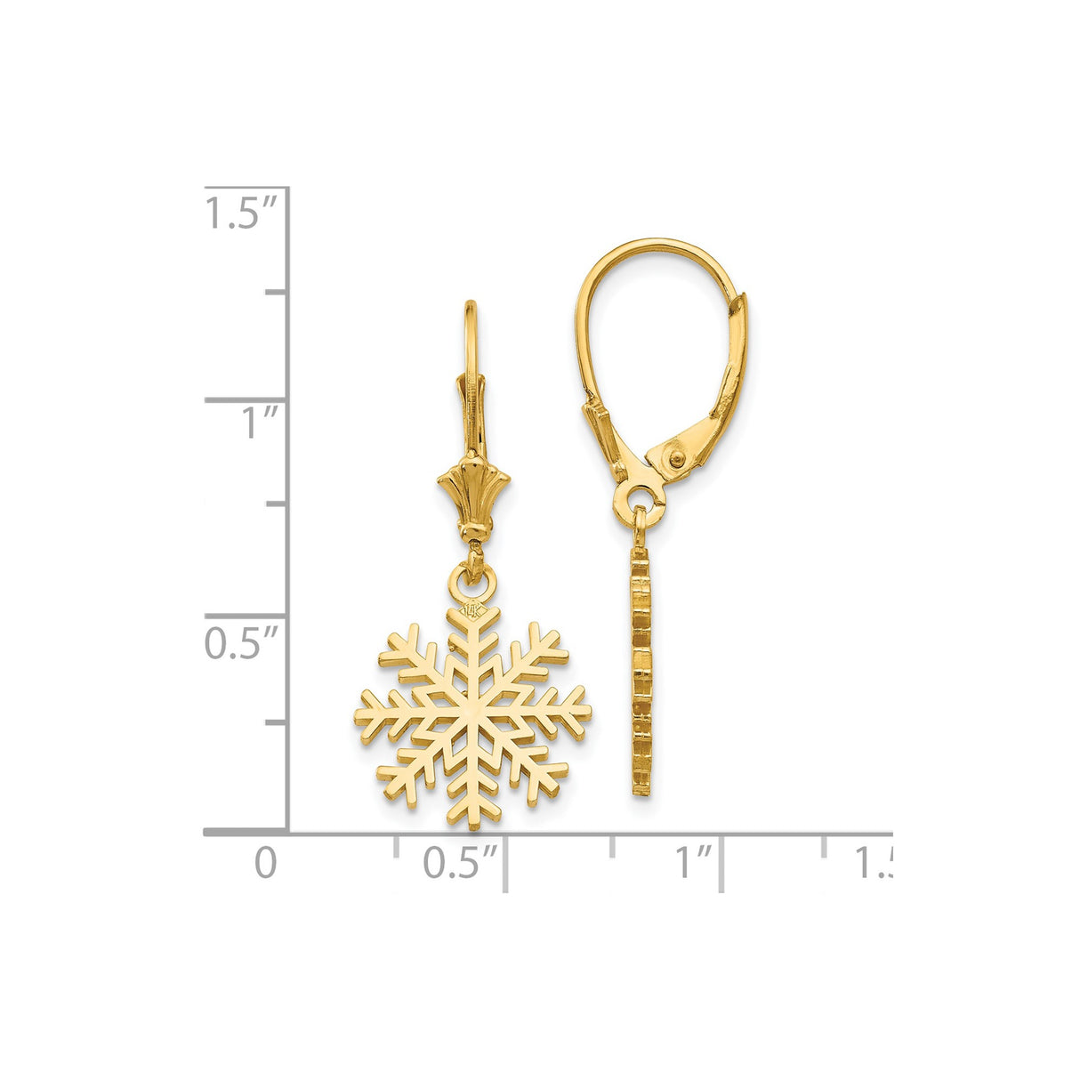 14k Yellow Gold Snowflake Drop Earrings, Leverback Dangle Winter Holiday Jewelry for Women