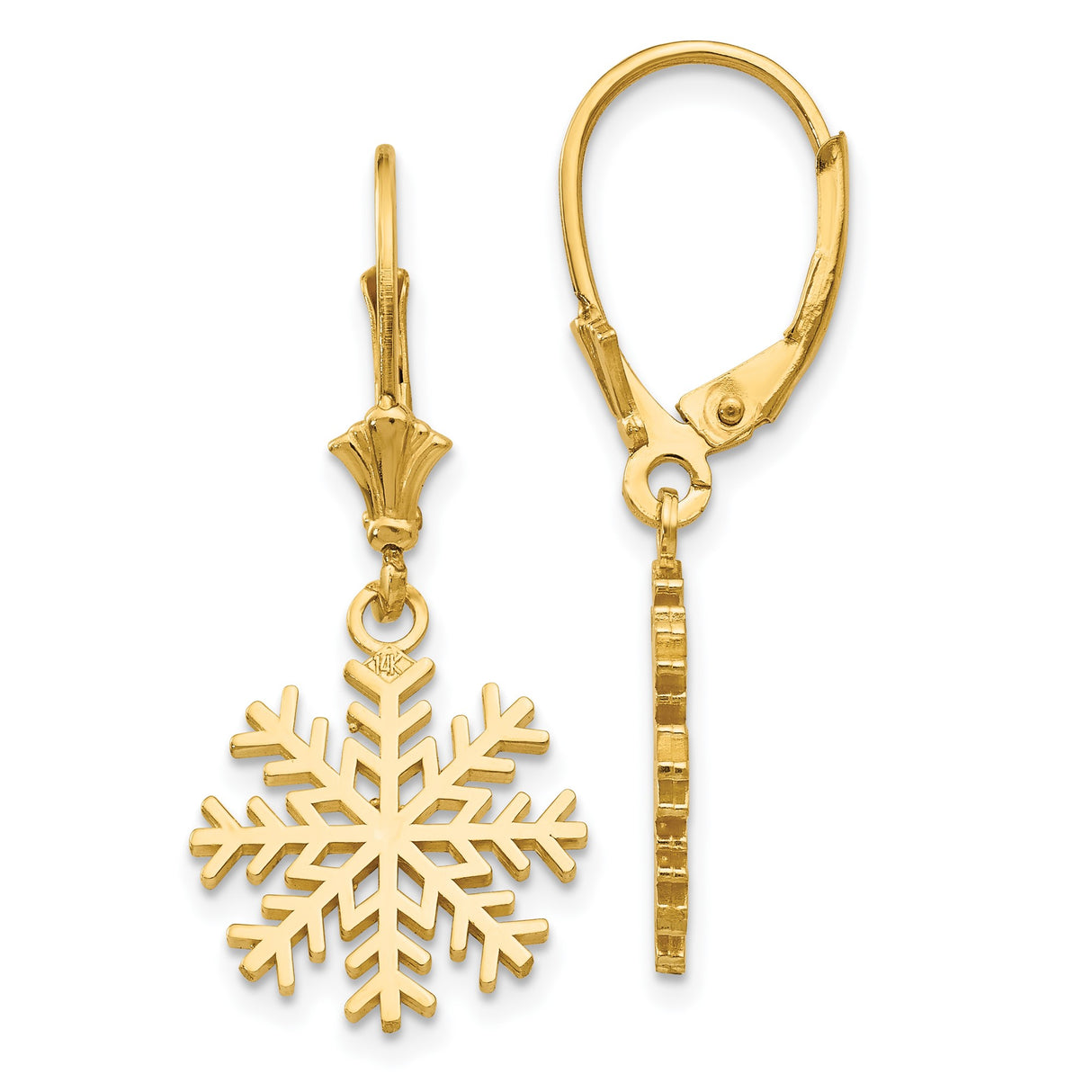 14k Yellow Gold Snowflake Drop Earrings, Leverback Dangle Winter Holiday Jewelry for Women