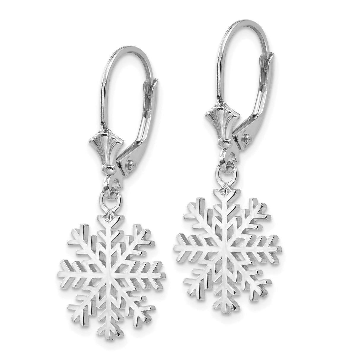 14k White Gold Snowflake Dangle Earrings with Leverback Backs, Winter Holiday Design for Women