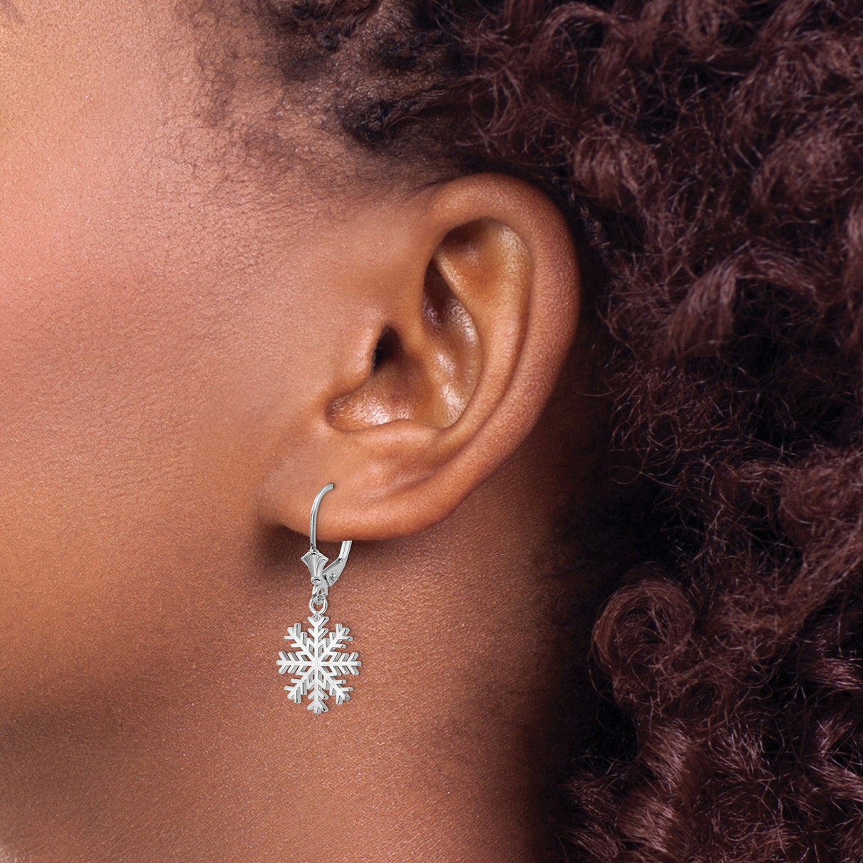 14k White Gold Snowflake Dangle Earrings with Leverback Backs, Winter Holiday Design for Women