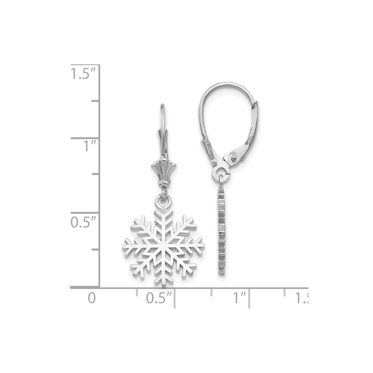 14k White Gold Snowflake Dangle Earrings with Leverback Closures, Winter Holiday Jewelry for Women