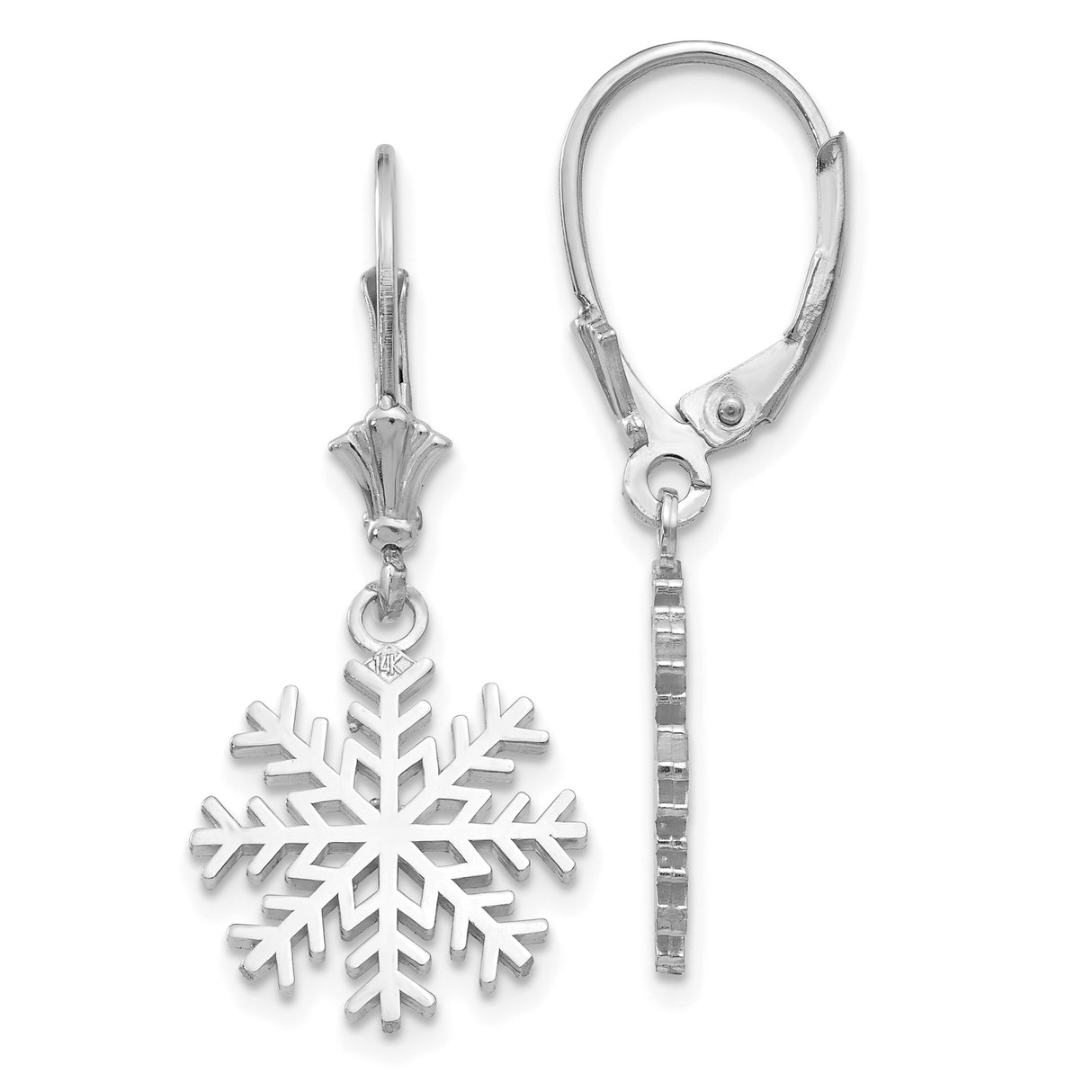 14k White Gold Snowflake Dangle Earrings with Leverback Closures, Winter Holiday Jewelry for Women