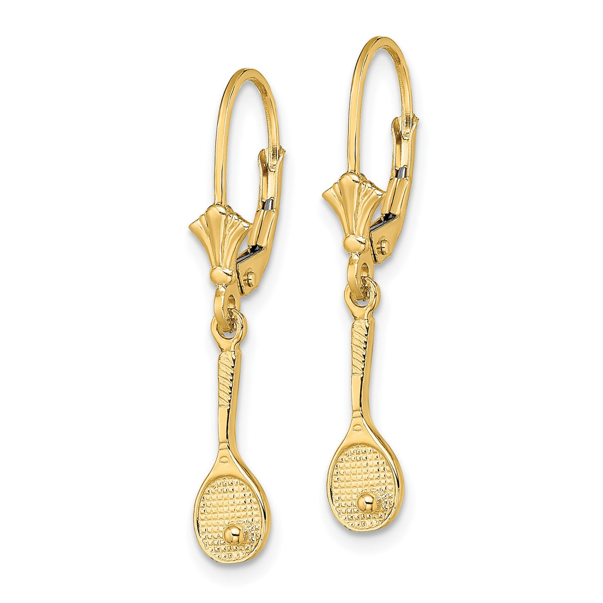 14k Yellow Gold Dangle Earrings, Tennis Racket with Ball Charms, Leverback Drop Style