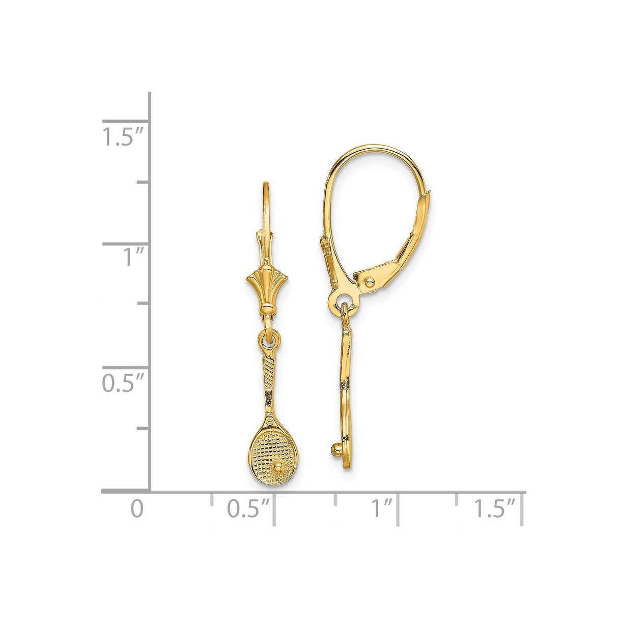 14k Yellow Gold Dangle Earrings, Tennis Racket with Ball Charms, Leverback Drop Style