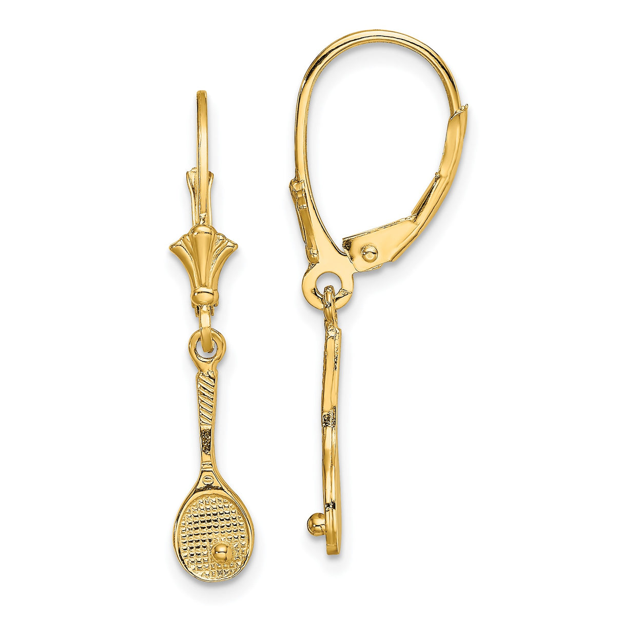 14k Yellow Gold Dangle Earrings, Tennis Racket with Ball Charms, Leverback Drop Style