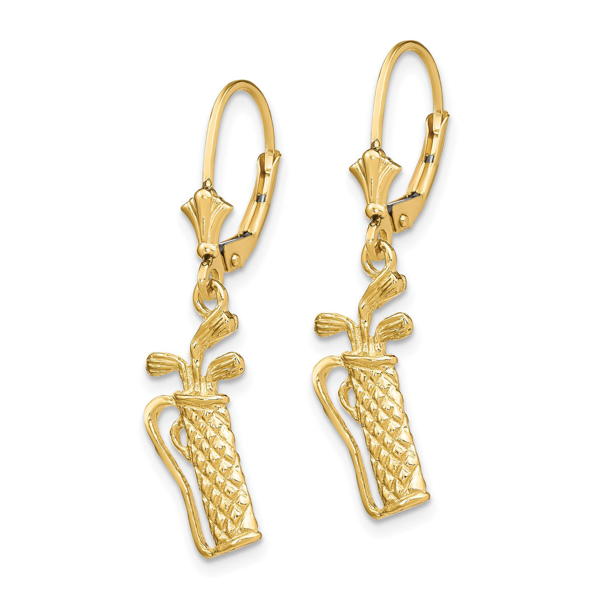 14k Yellow Gold Dangle Earrings, Golf Bag and Clubs Design, Leverback Sports Theme for Women