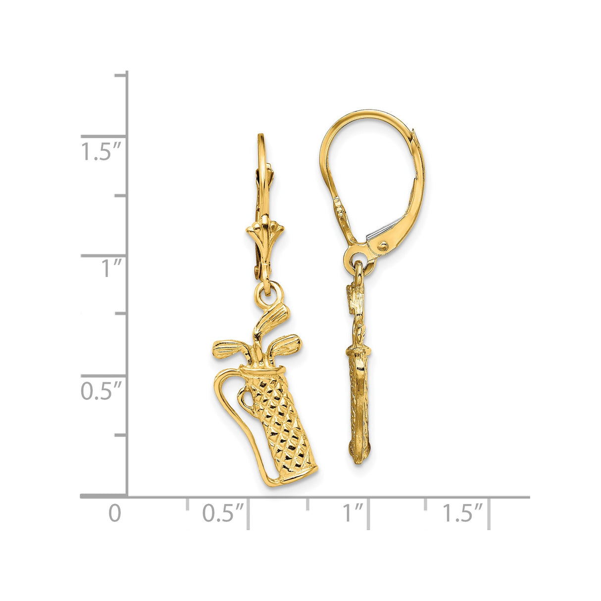 14k Yellow Gold Dangle Earrings, Golf Bag and Clubs Design, Leverback Sports Theme for Women