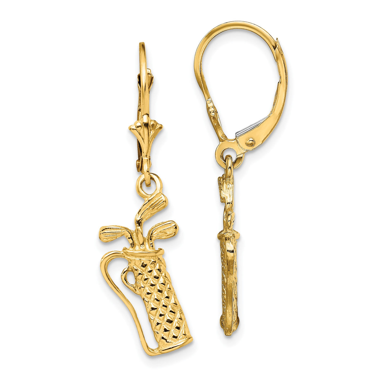 14k Yellow Gold Dangle Earrings, Golf Bag and Clubs Design, Leverback Sports Theme for Women