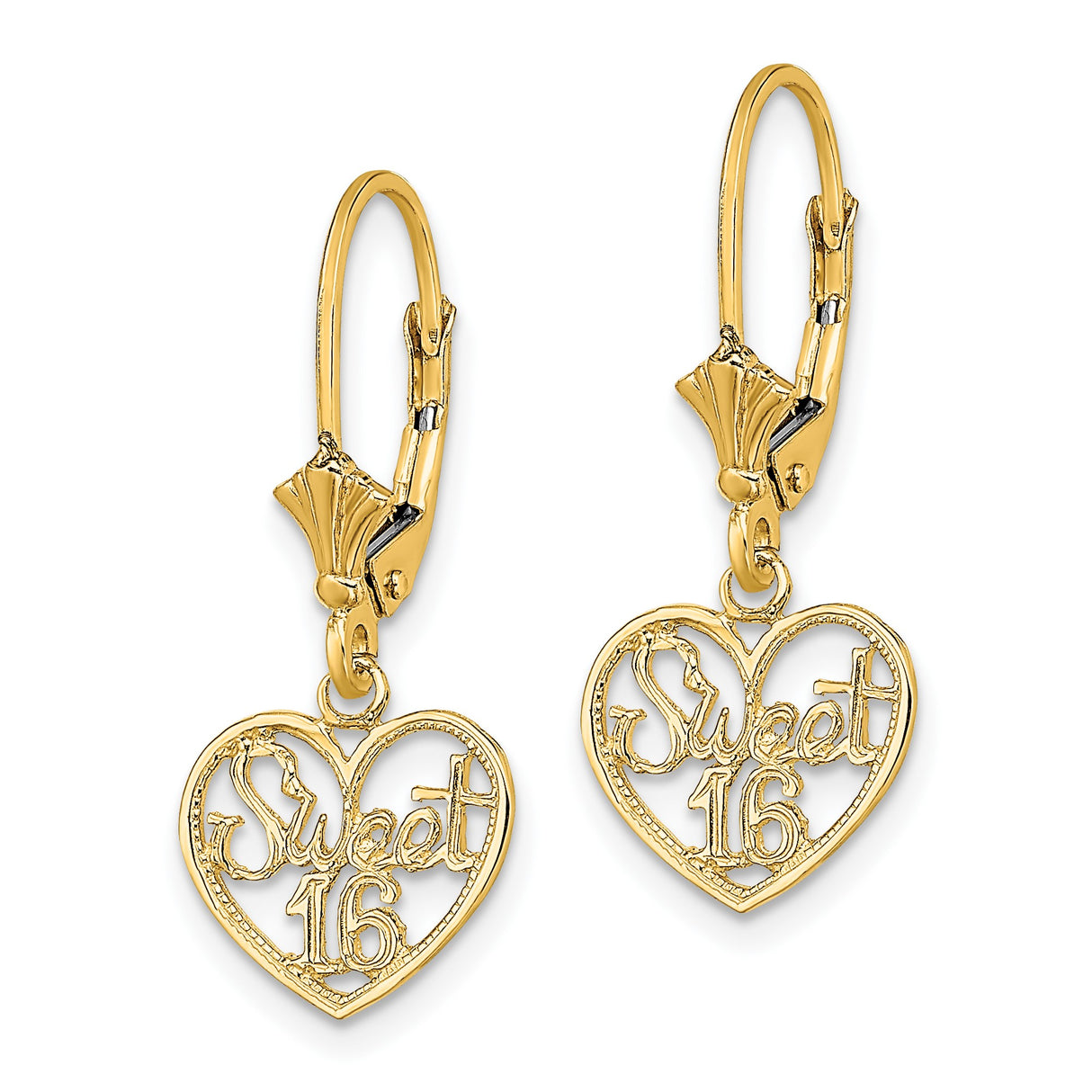 14k Yellow Gold Heart Dangle Earrings with Sweet 16 Script Charm, Leverback Design for Teen Girls