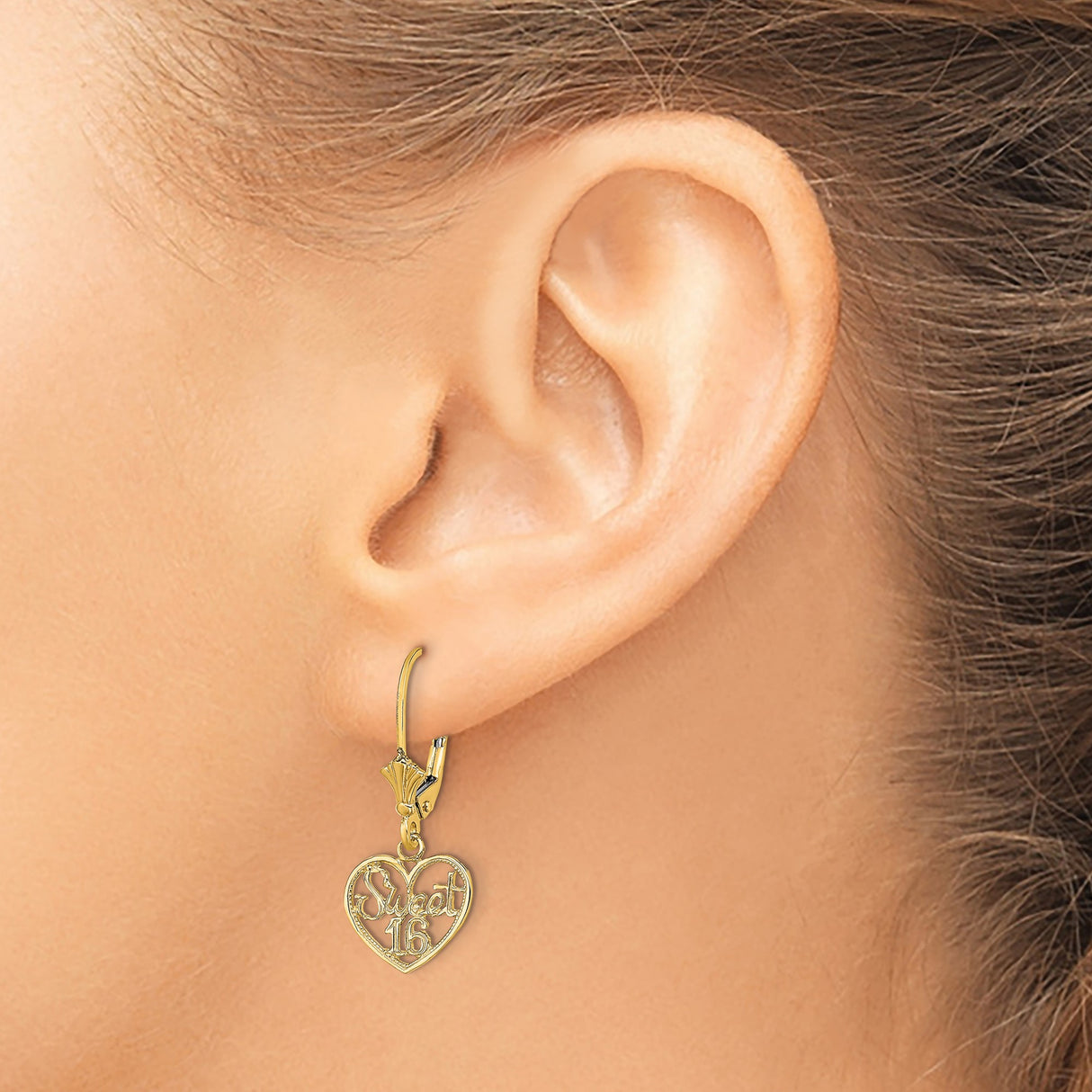 14k Yellow Gold Heart Dangle Earrings with Sweet 16 Script Charm, Leverback Design for Teen Girls