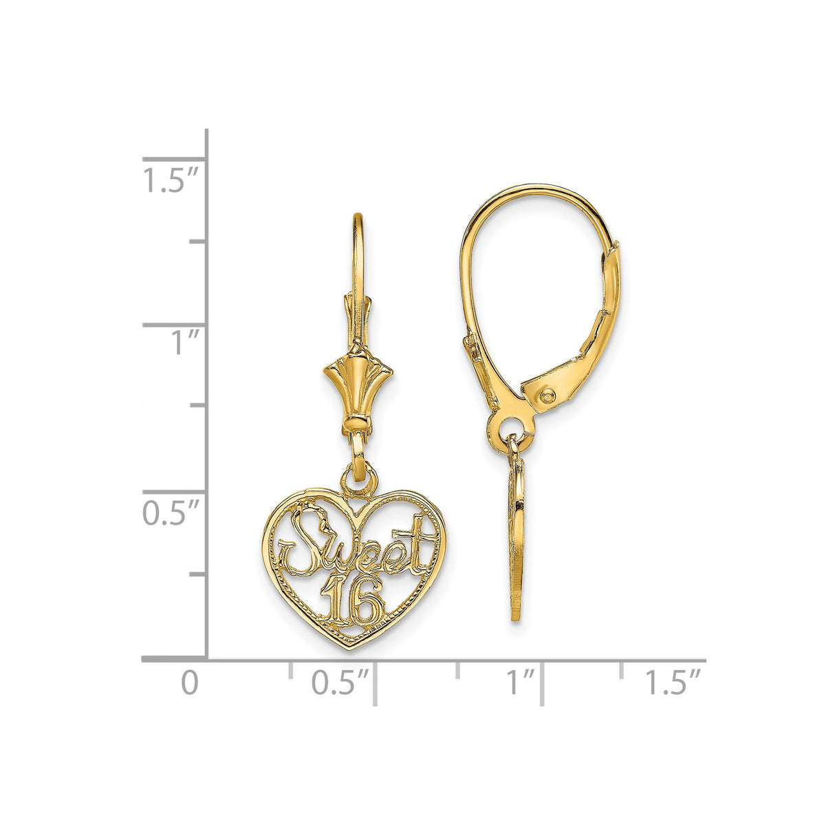 14k Yellow Gold Heart Dangle Earrings with Sweet 16 Script Charm, Leverback Design for Teen Girls