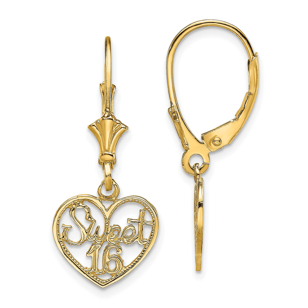 14k Yellow Gold Heart Dangle Earrings with Sweet 16 Script Charm, Leverback Design for Teen Girls