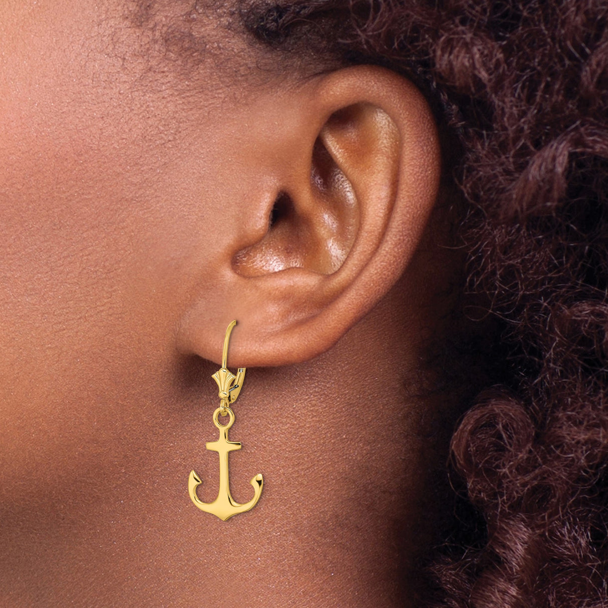14k Yellow Gold Anchor Dangle Leverback Earrings, Nautical Christian Faith Jewelry for Women
