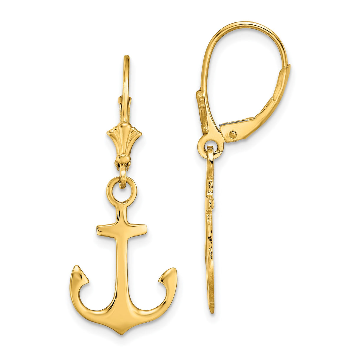 14k Yellow Gold Anchor Dangle Leverback Earrings, Nautical Christian Faith Jewelry for Women