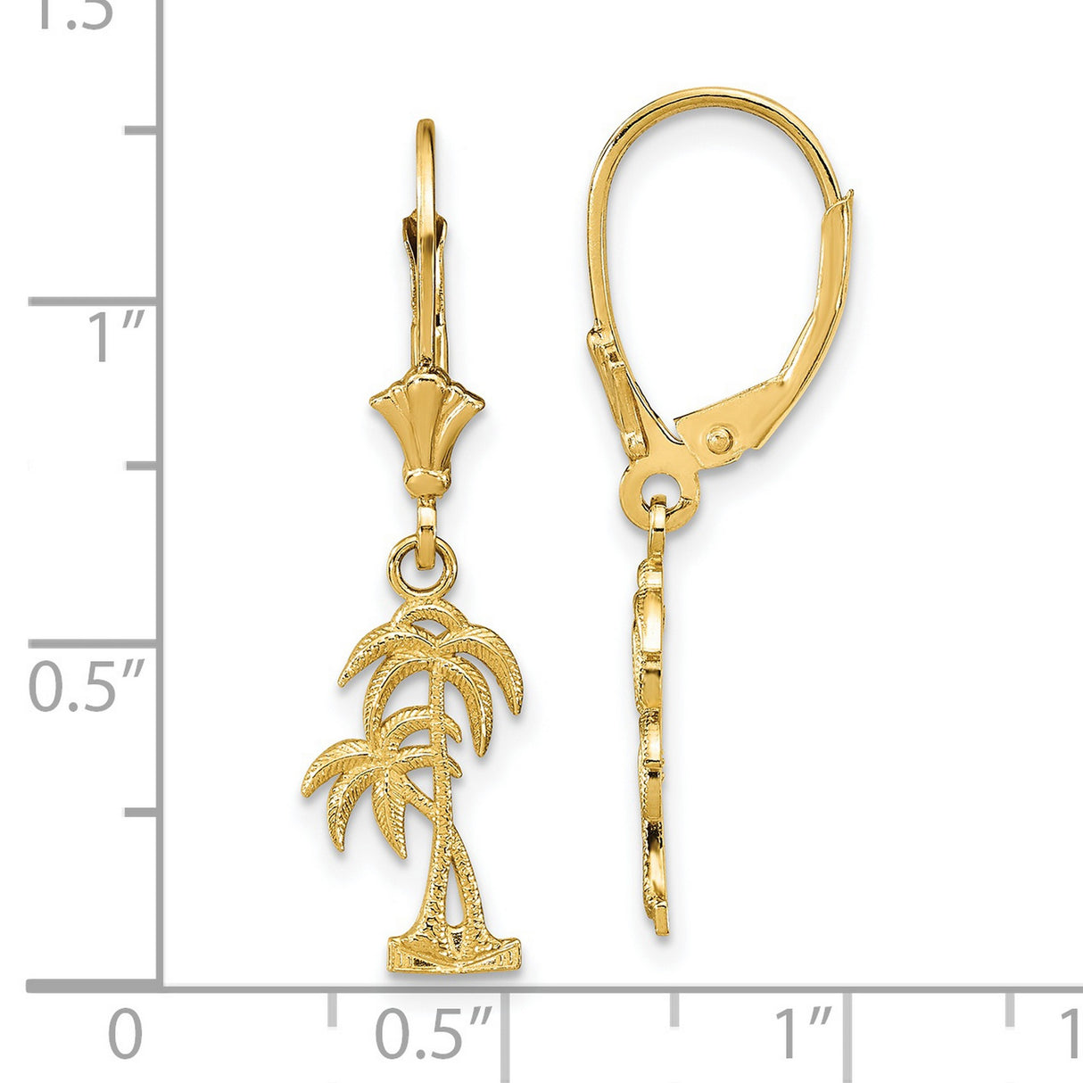 14k Yellow Gold Dangle Earrings with Palm Tree Charms, Leverback Drop Beach Style
