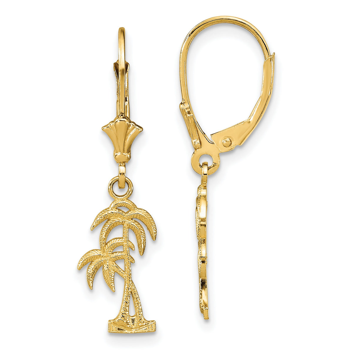 14k Yellow Gold Dangle Earrings with Palm Tree Charms, Leverback Drop Beach Style