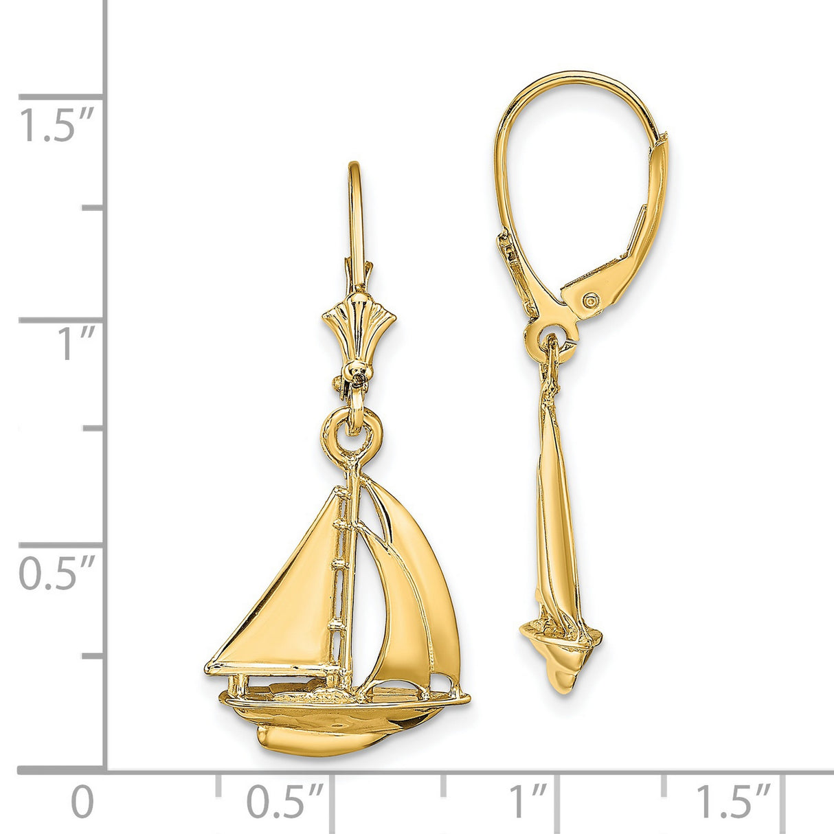 14k Yellow Gold Sailboat Drop Leverback Earrings, Polished Nautical Boat Design