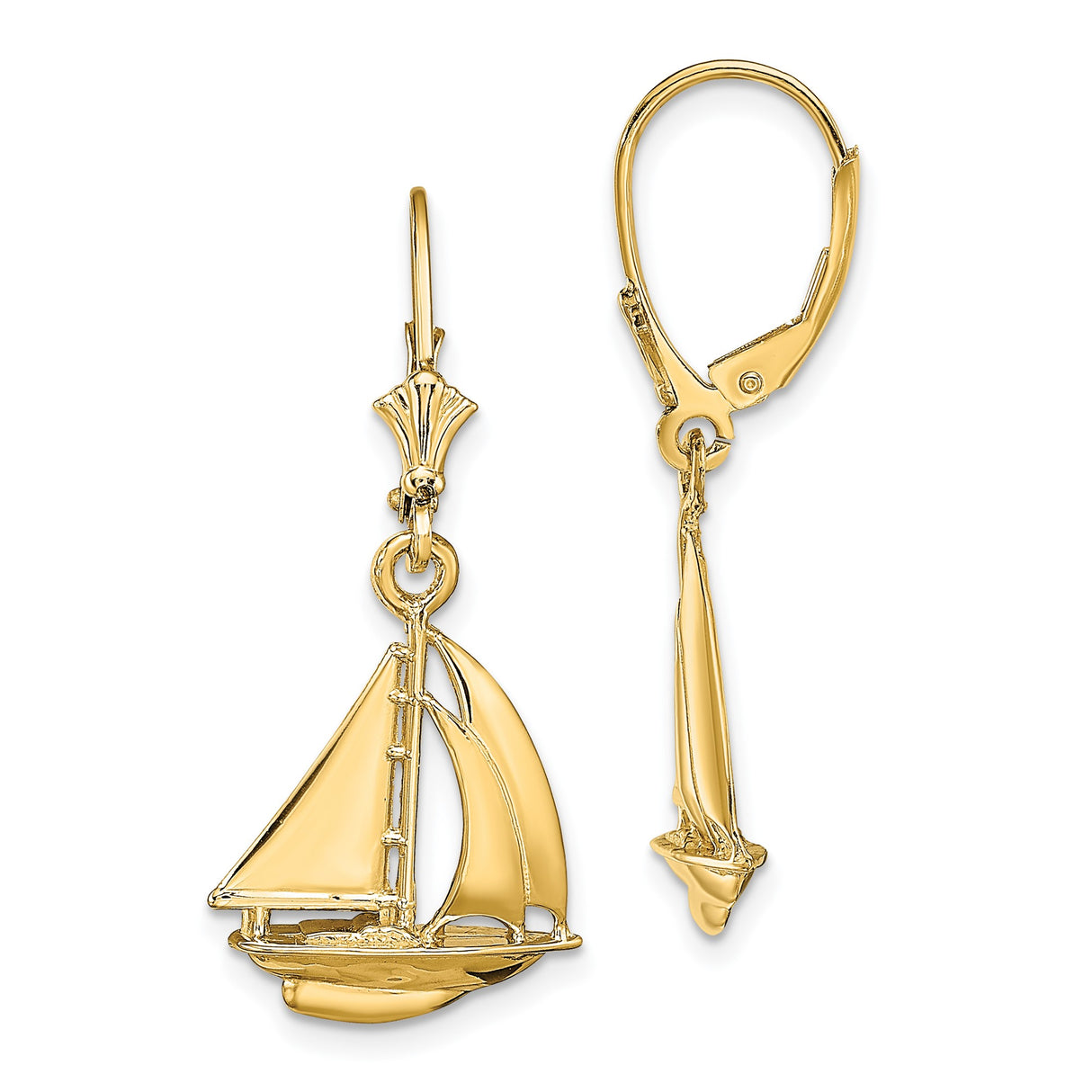 14k Yellow Gold Sailboat Drop Leverback Earrings, Polished Nautical Boat Design