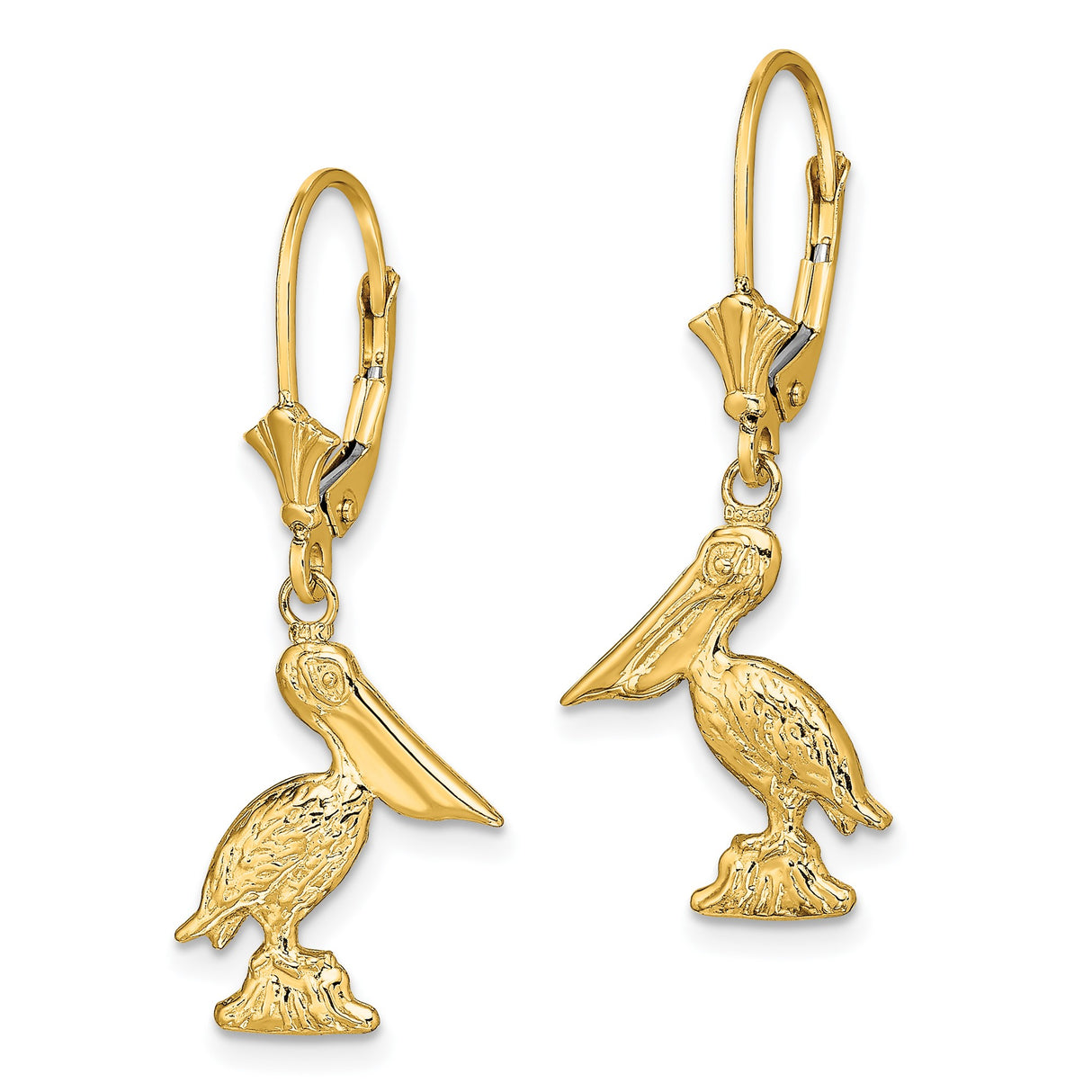 14k Yellow Gold Pelican Dangle Earrings, Nautical Coastal Bird Design for Women