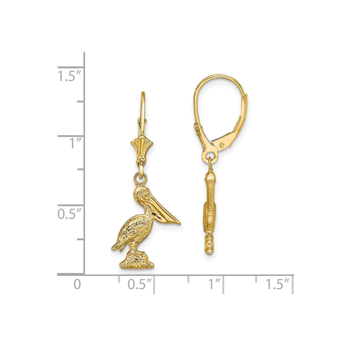 14k Yellow Gold Pelican Dangle Earrings, Nautical Coastal Bird Design for Women
