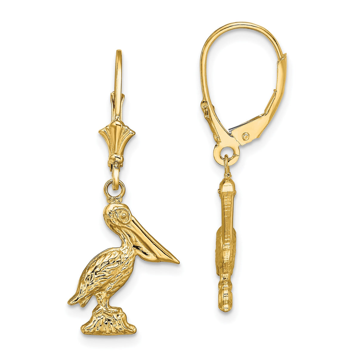 14k Yellow Gold Pelican Dangle Earrings, Nautical Coastal Bird Design for Women