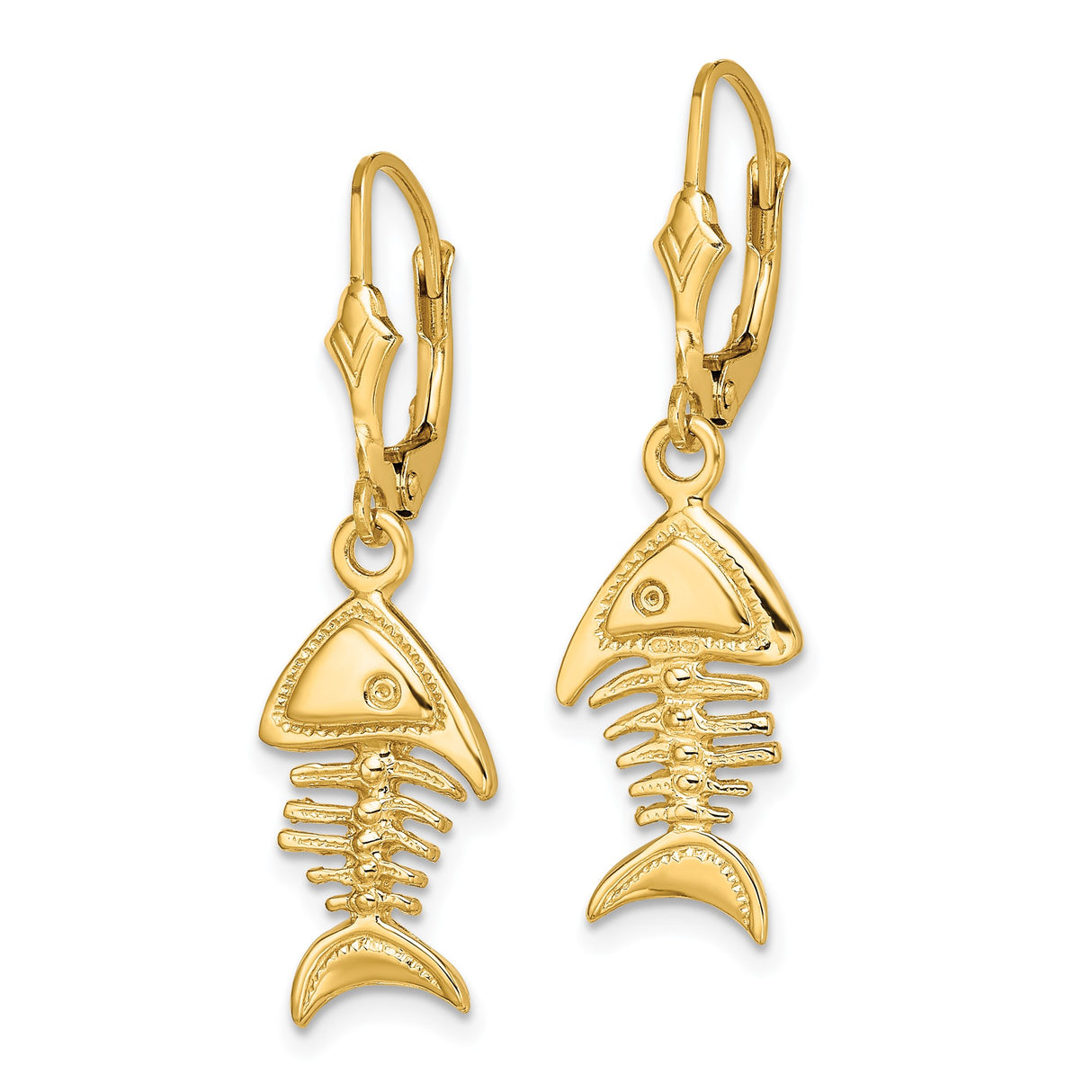 14k Yellow Gold Dangle Earrings, Fishbone Design with Leverback Hooks, Nautical Marine Style
