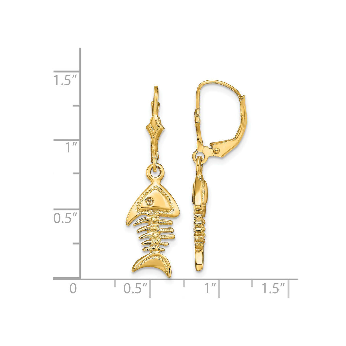 14k Yellow Gold Dangle Earrings, Fishbone Design with Leverback Hooks, Nautical Marine Style