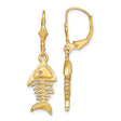 14k Yellow Gold Dangle Earrings, Fishbone Design with Leverback Hooks, Nautical Marine Style