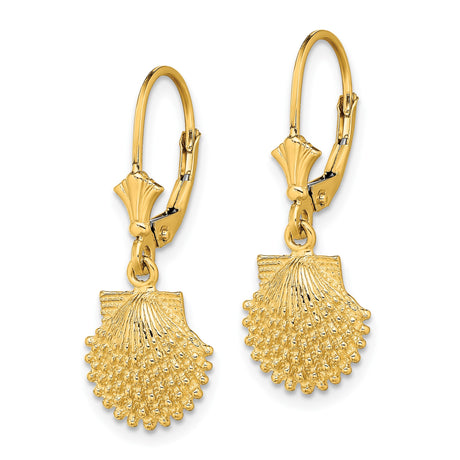 14k Yellow Gold Leverback Earrings with Scallop Shell Charms, Nautical Coastal Style Jewelry