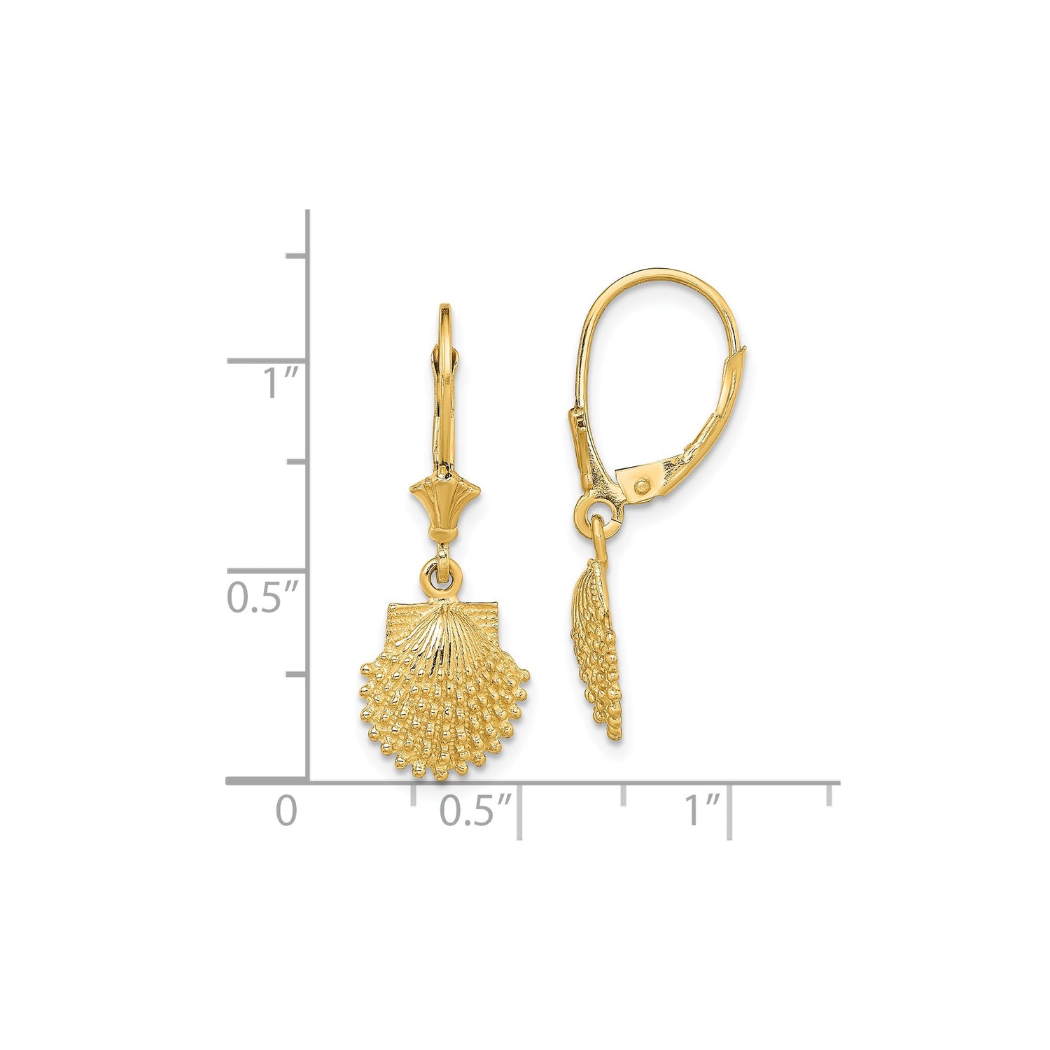 14k Yellow Gold Leverback Earrings with Scallop Shell Charms, Nautical Coastal Style Jewelry