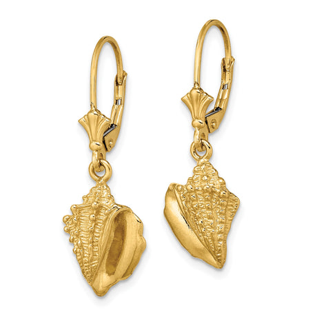 14k Yellow Gold Conch Shell Dangle Earrings with Leverback Closure, Ocean-Inspired Coastal Style
