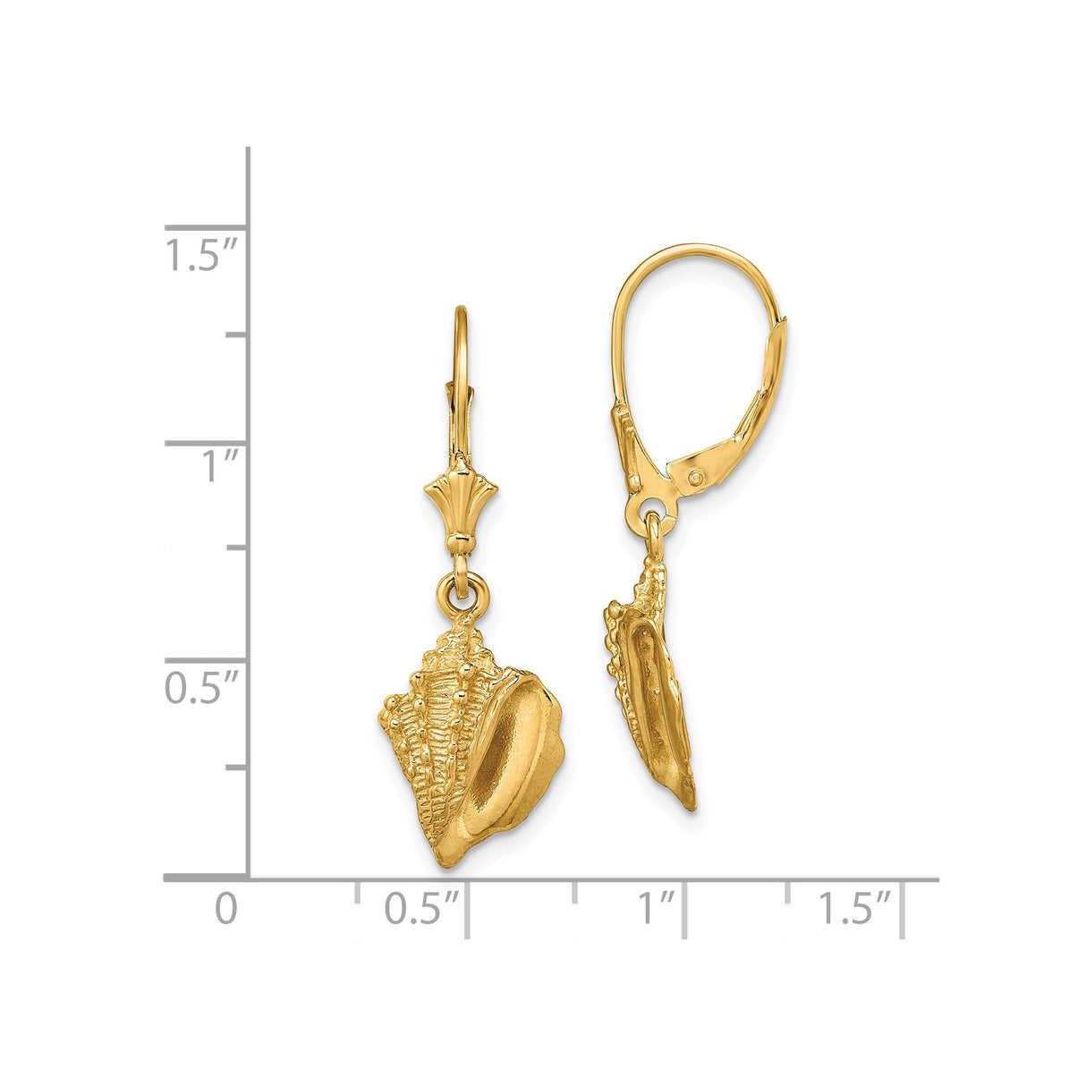 14k Yellow Gold Conch Shell Dangle Earrings with Leverback Closure, Ocean-Inspired Coastal Style