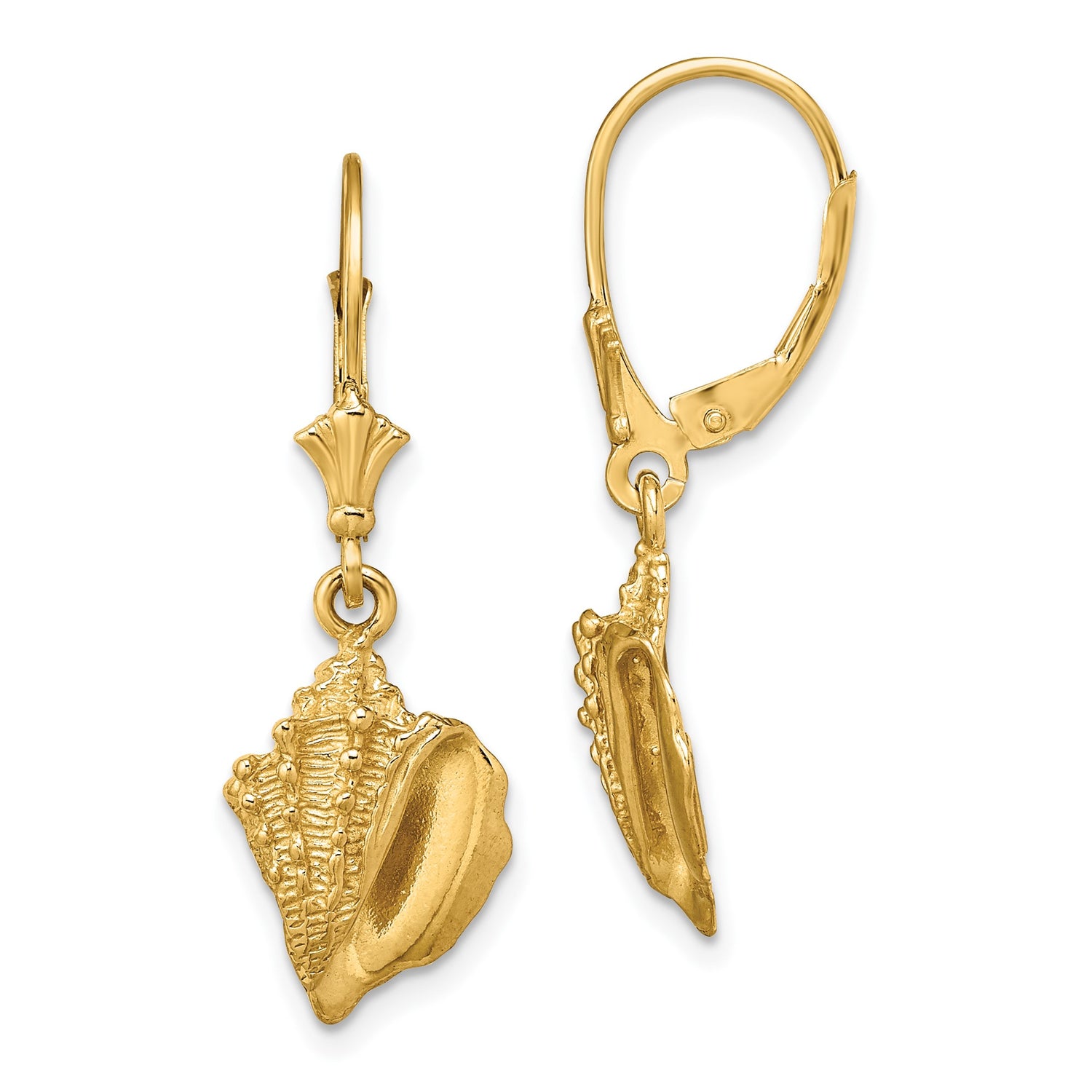 14k Yellow Gold Conch Shell Dangle Earrings with Leverback Closure, Ocean-Inspired Coastal Style