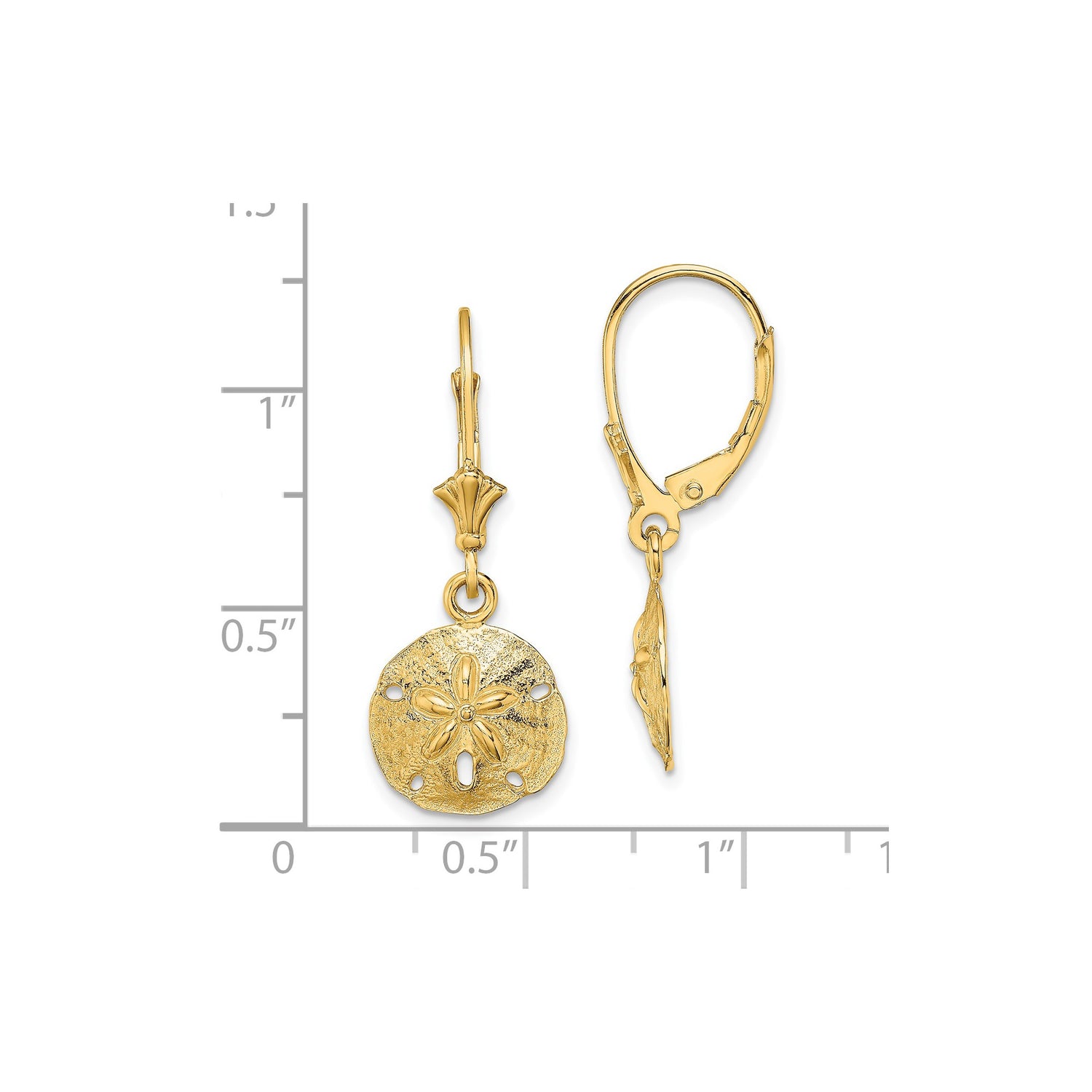 14k Yellow Gold Sand Dollar Dangle Earrings, Ocean Inspired, Coastal Boho Drop Design