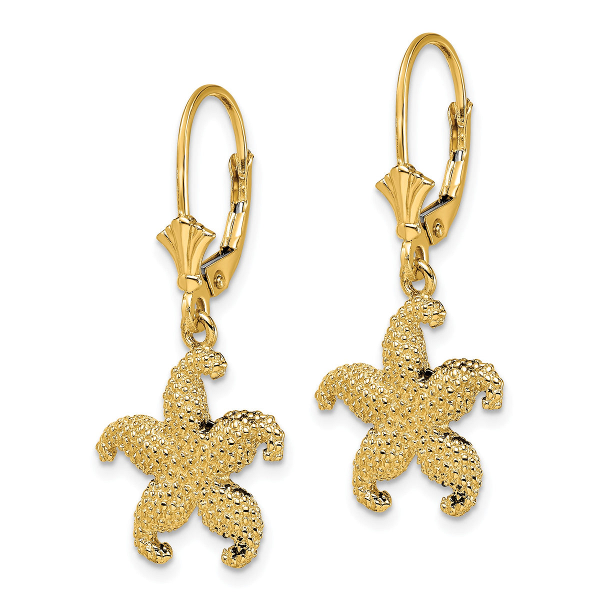 14k Yellow Gold Starfish Dangle Earrings with Textured Detailing, Nautical Beach Style