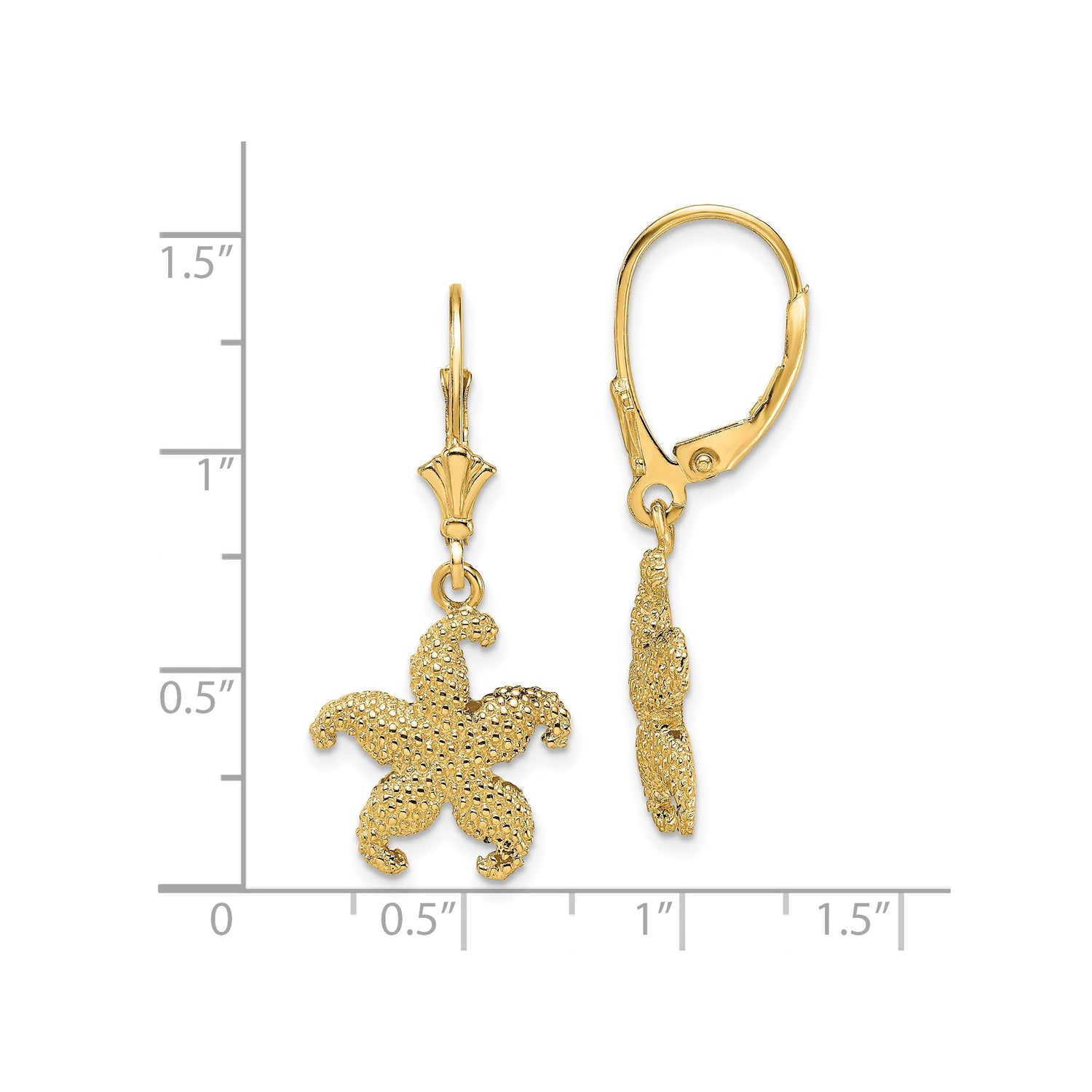 14k Yellow Gold Starfish Dangle Earrings with Textured Detailing, Nautical Beach Style