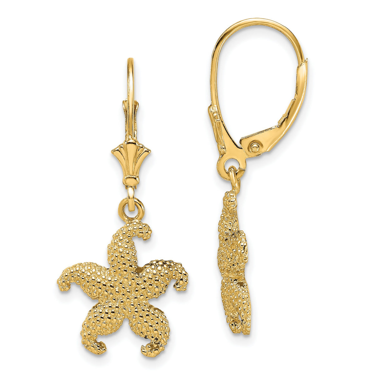 14k Yellow Gold Starfish Dangle Earrings with Textured Detailing, Nautical Beach Style