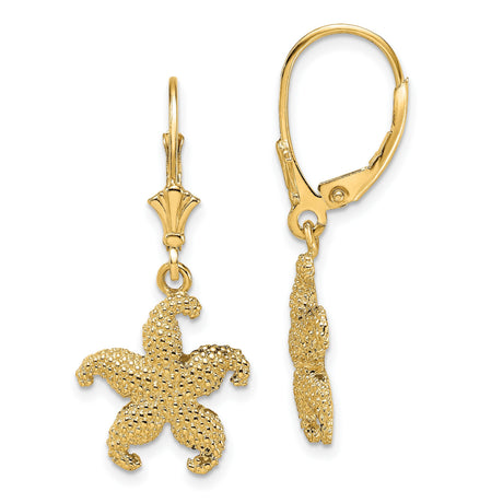 14k Yellow Gold Starfish Dangle Earrings with Textured Detailing, Nautical Beach Style