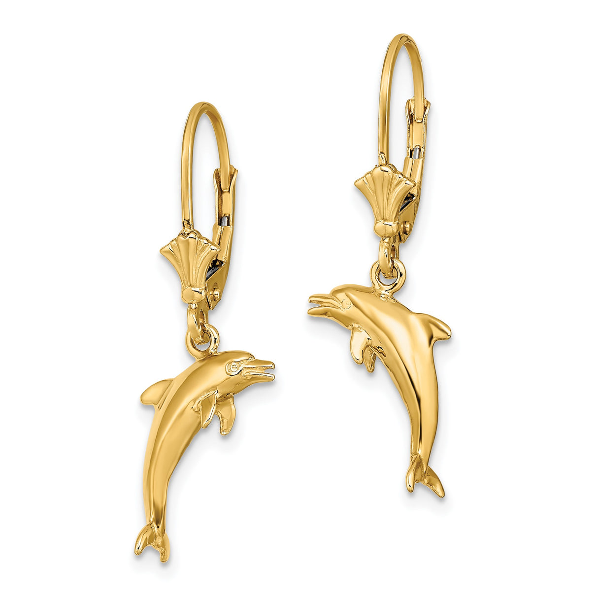 14k Yellow Gold Dolphin Dangle Earrings with Leverback Closures, Nautical Marine Life Theme