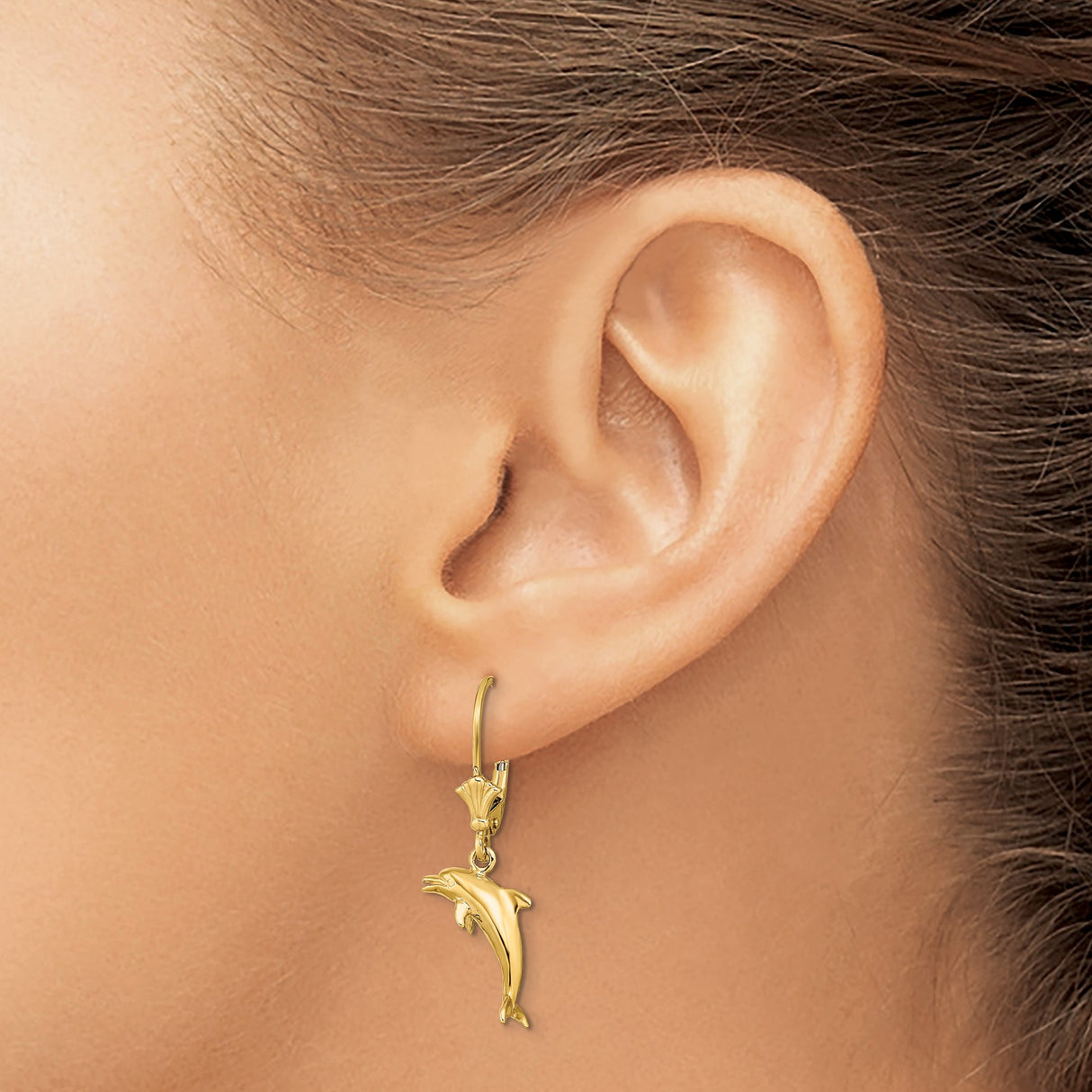 14k Yellow Gold Dolphin Dangle Earrings with Leverback Closures, Nautical Marine Life Theme