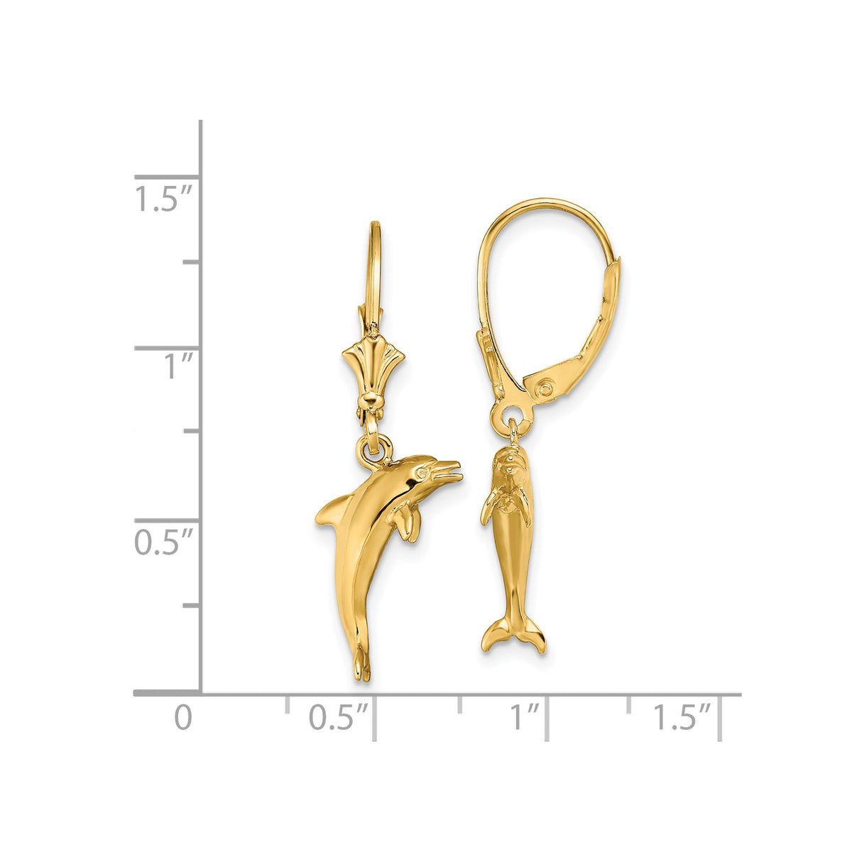 14k Yellow Gold Dolphin Dangle Earrings with Leverback Closures, Nautical Marine Life Theme